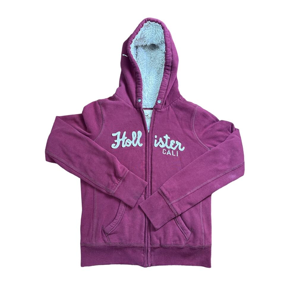 Hollister maroon Sherpa lined women’s zip up logo signature hoodie jacket large